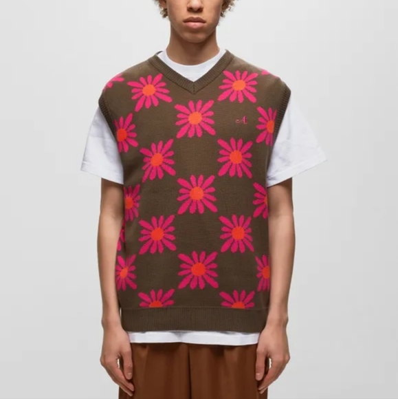 NWT Awake NY Floral Knit Vest, Size Small, Color Brown/Pink/Orange - Picture 1 of 13